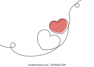 Heart Couple Continuous One Line Drawing. Two Hearts Line Art Concept for Valentine`s Day Design. Abstract Minimalist Vector Illustration. Wedding and Love Concept in Minimalistic Style. Not AI