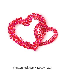 Heart couple frame from paper hearts confetti. Wedding invitation or Valentine card template. Holiday decoration element. Vector illustration isolated on white background