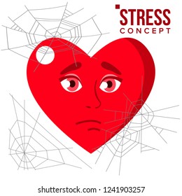 Heart Covered In Spiderweb Cobwebs, Stress Concept Vector. Isolated Cartoon Illustration
