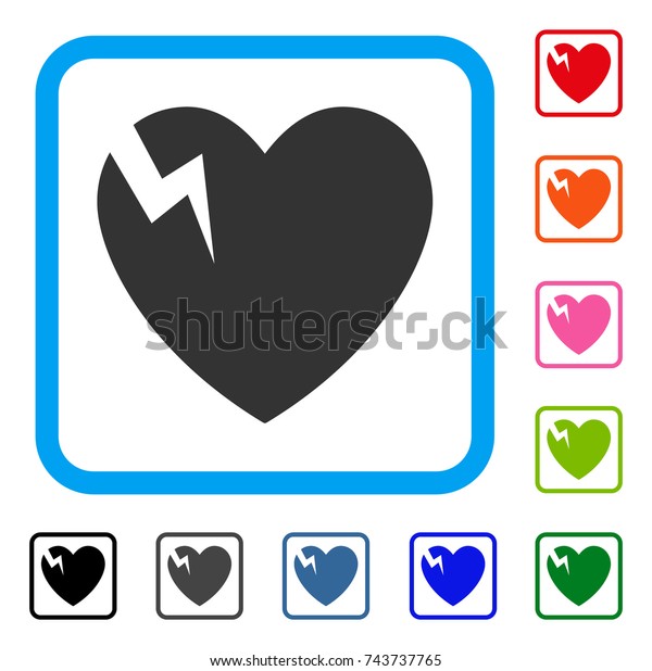 Heart Crack icon. Flat gray iconic symbol in a\
blue rounded squared frame. Black, gray, green, blue, red, orange\
color variants of Heart Crack vector. Designed for web and\
application user\
interface.