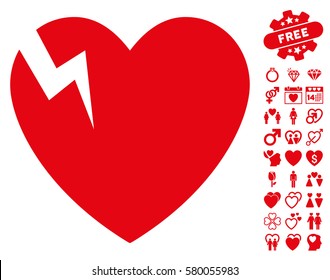 Heart Crack pictograph with bonus decoration pictograms. Vector illustration style is flat iconic red symbols on white background.