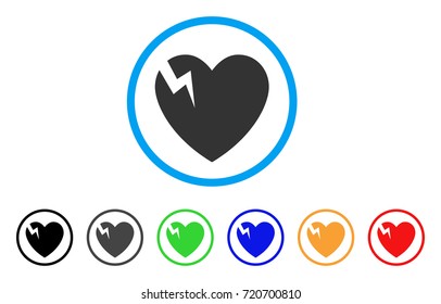Heart Crack rounded icon. Style is a flat heart crack gray symbol inside light blue circle with black, gray, green, blue, red, orange color versions. Vector designed for web and software interfaces.