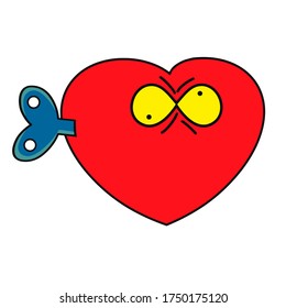 Heart crazy cartoon character. Vector illustration of a red mechanical heart with a key. Hearts art design for greetings and cards for Valentine's Day, web, banner, poster,flyer, brochure, print.