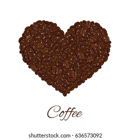 Heart created from coffee beans isolated on a white background.