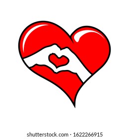 Heart created with hands. Hands gesture symbolize love on red heart. Vector logo design template.