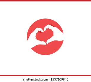 Heart created with hands. Hands gesture symbolized love. Hands in pink circle. Vector logo design template.