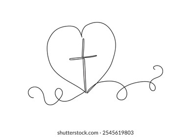 Heart with cross. Christian faith symbol. Love and spirituality. Minimalist line art.