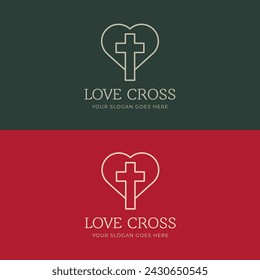 Heart with cross church logo template. conceptual christianity symbol. Stock vector illustration isolated on dark background.