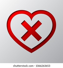 Heart with cross is cut from the paper. Vector illustration. Paper art of the red dislike symbol, isolated.
