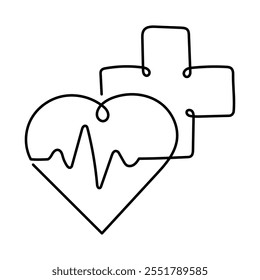 Heart with Cross and Heartbeat. Minimalist Medical Heartbeat Logo.