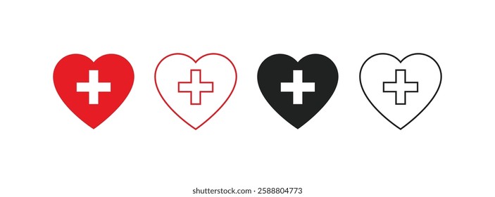 Heart cross icon set in red. Heart shape with cross icon. Flat icon for medical apps and websites. Vector illustration. Heart vector icons. Set of heartbeat icon.