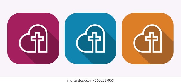 Ícones de Coração e Cruz. Design de aplicativo moderno, fé, esperança, caridade, três variações de cores.