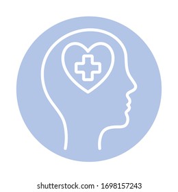 heart with cross inside human head block style icon design, Mental health mind science intelligence idea medical and education theme Vector illustration