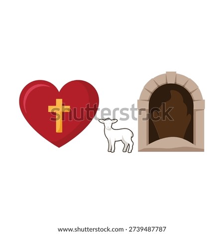 Heart with cross, lamb and open tomb icons for Easter Sunday resurrection, church bulletin, childrens lesson, faith education graphics