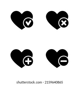 Heart with cross mark, check mark, add, remove vector icon set