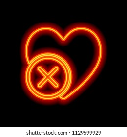 heart with cross. simple silhouette. Orange neon style on black background. Light icon