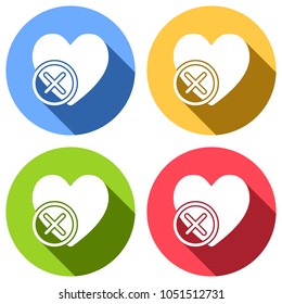 heart with cross. simple silhouette. Set of white icons with long shadow on blue, orange, green and red colored circles. Sticker style