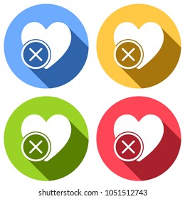 heart with cross. simple silhouette. Set of white icons with long shadow on blue, orange, green and red colored circles. Sticker style