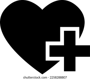 Corazón con símbolo cruzado de primeros auxilios para la atención de la salud Icono de signo negro. Imagen vectorial.