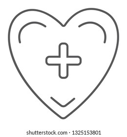 Heart with cross thin line icon, medicine and cardiology, health care sign, vector graphics, a linear pattern on a white background, eps 10.