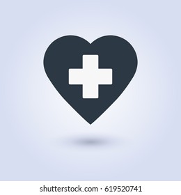 Heart With A Cross Vector Icon. Healthcare, Medical Symbol. Doctor's Day Sign, Emblem Isolated On White Background With Shadow. Flat Style For Graphic And Web Design, Logo. EPS10 Pictogram.