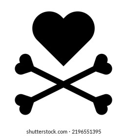 Heart with crossbones black icon. Element for design for holiday Valentine's Day. Vector illustration isolated on white background.