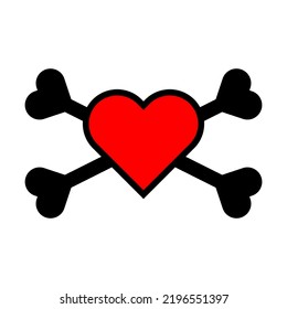 Heart with crossbones icon. Element for design for holiday Valentine's Day. Vector illustration isolated on white background.