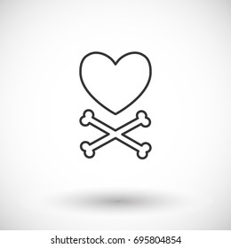 Heart and crossbones vector thin line web icon, Outline flat design of love, Valentines day or broken heart object with round shadow isolated on the white background