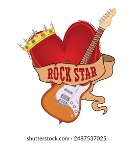 Heart, a crown and a guitar. Rock star. Design for t shirt or poster print. Rock star. Hand drawn for rock-n-roll logo and emblem. Vector illustration. Tattoo.