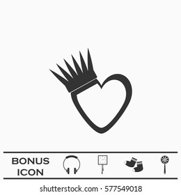 Heart crown icon flat. Black pictogram on white background. Vector illustration symbol and bonus button