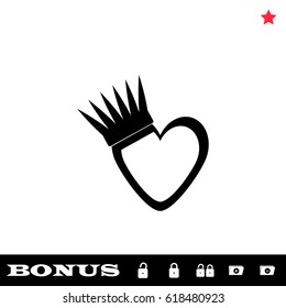 Heart crown icon flat. Black pictogram on white background. Vector illustration symbol and bonus button open and closed lock, folder, star