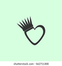 Heart crown icon flat. Grey vector symbol on green background