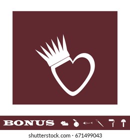 Heart crown icon flat. White pictogram on brown background. Vector illustration symbol and bonus icons