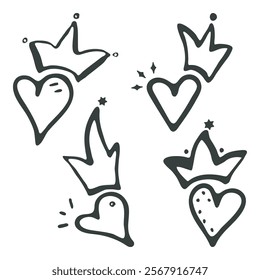 Heart crown shapes doodle cartostyle set, love concept composition. Hand drawn ink brush line. Outline scribbled isolated elements, black color contour. Cute scrapbooking web kit. Vector illustration