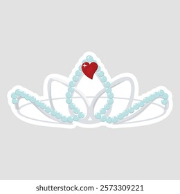 Heart Crown Sticker. Charming vector illustration of a crown adorned with a red heart gem, perfect for Valentine's Day or princess-themed designs