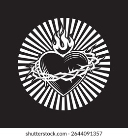 heart, crown of thorns and flame isolated on black background
