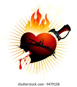  heart, crown of thorns and sword	