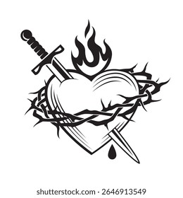 heart, crown of thorns, sword and flame isolated on white background