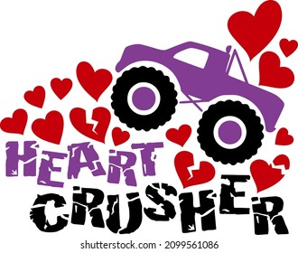 Heart Crusher. Romantic design with valentines truck and hand-drawn text for valentines day or wedding