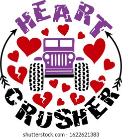 Heart Crusher. Round design of an off-road car going through hearts