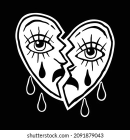 heart cry black and white illustration print on t-shirts,jacket,souvenirs or tattoo free vector