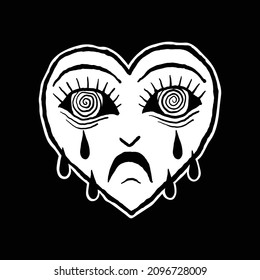 heart with crying face, hand drawn black and white