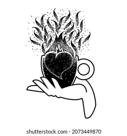 Heart in cup of coffee in hand. Love for strong espresso. Coffee mania. Vector illustration. Black and white sketch. Вreak work for coffee time.