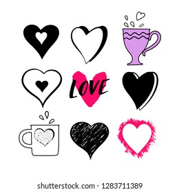 Heart and cup collection in the style of sketches on white background.can be used for greeting cards, logos, invitations, typography, decoration and other