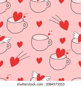 Herz mit Becher handgezeichnet nahtloses Muster im Doodle-Stil auf rosafarbenem Hintergrund für Valentinmode-Druck, Tapete, Geschenkpapier etc.