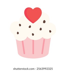 Heart cupcake. Valentine's day, holiday celebration, love, romance, february, dessert, bakery concepts. Flat decorative vector design isolated illustration.