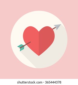Heart with cupid arrow flat icon with long shadow
