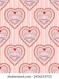 Heart With Cupid Hand Draw Seamless Vector Pattern Artwork On Pink Background, Valentine Festival illustration, Forever Love 