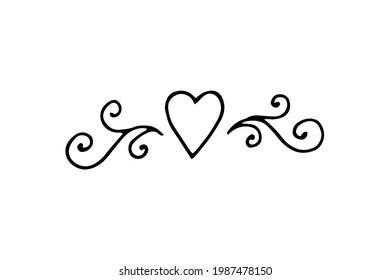 Heart with curls. Doodle. Vector. Drawn by hand. Black and white outline. Silhouette. Coloring.