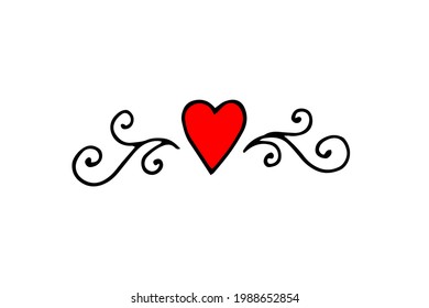 Heart with curls. Doodle. Vector. Drawn by hand. Black and white outline. Silhouette.